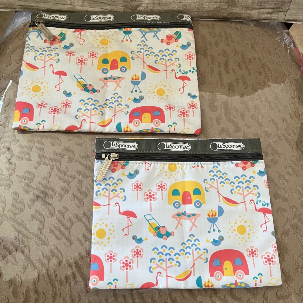 LeSportsac Happy Campers Zippered 2?Pouch Set Flamingo Trailer Print Nylon Bags